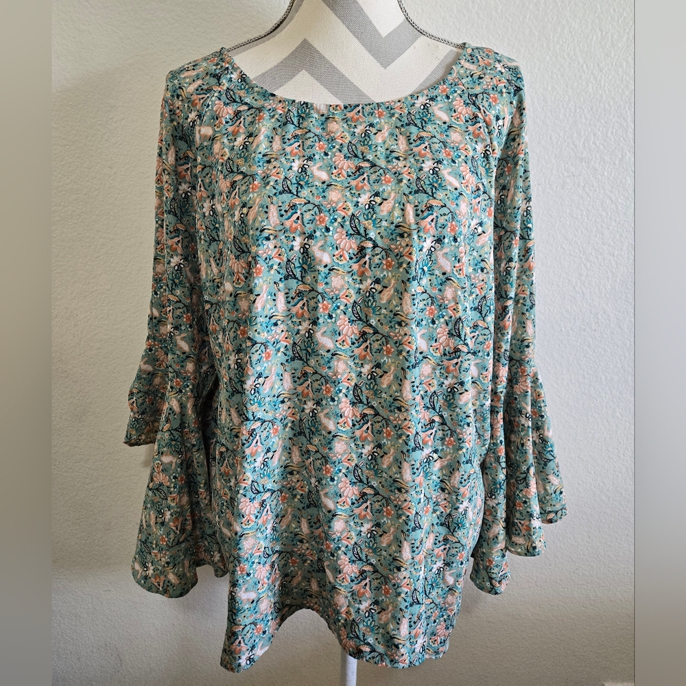 LC Lauren Conrad Sage Green Boho Blouse with Floral Spring Print Size XXL - Picture 2 of 14